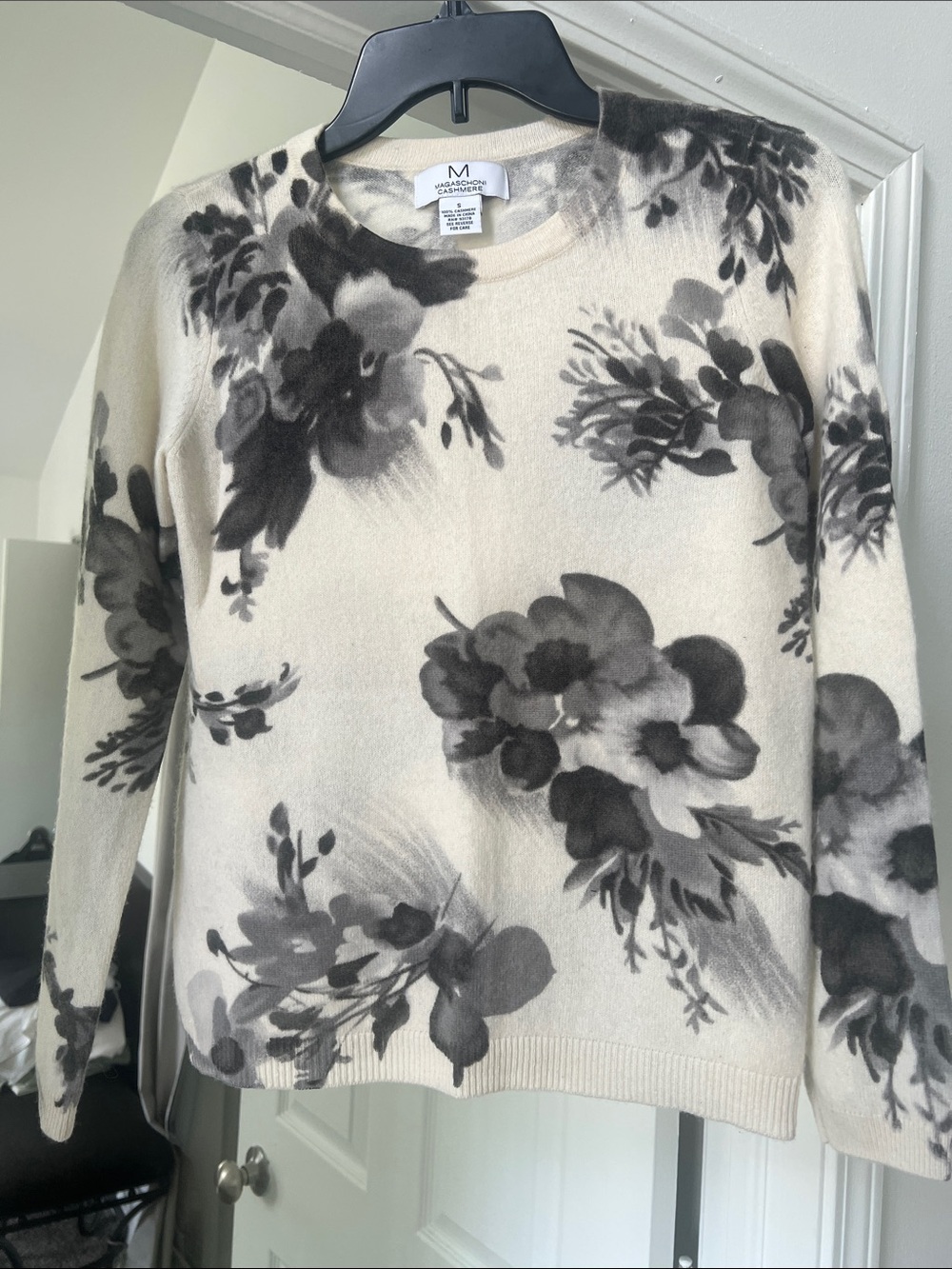 Magaschony Cashmere Cream and Black Floral Crewneck Sweater